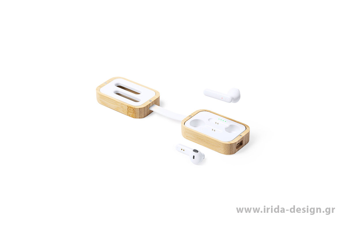 Ασύρματα Ακουστικά Ψείρες Bluetooth σε Θήκη Φόρτισης Μπαμπού
