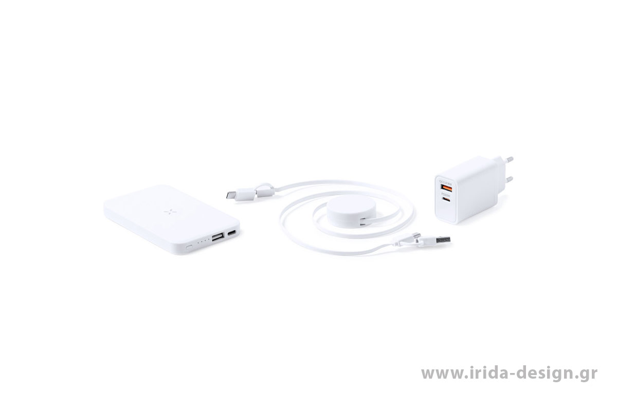 Σετ Powerbank 4000 mAh με Ασύρματη Φόρτιση, Επεκτεινόμενο Καλώδιο και Φορτιστής Πρίζας