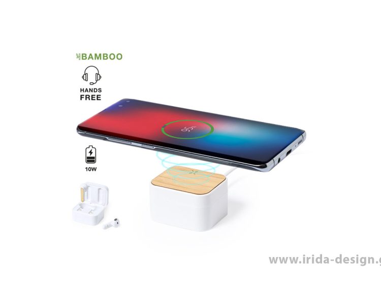 Ασύρματα Ακουστικά Bluetooth 5.0 In-ear με Βάση Ασύρματης Φόρτισης από Μπαμπού/ABS