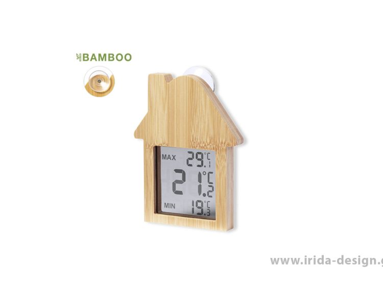 Μετεωρολογικός Σταθμός από Bamboo με Ένδειξη Ώρας για Τοποθέτηση σε Τζάμι
