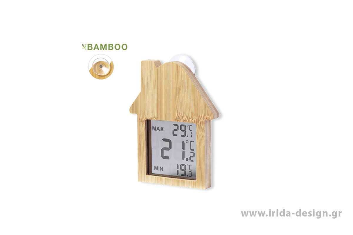 Μετεωρολογικός Σταθμός από Bamboo με Ένδειξη Ώρας για Τοποθέτηση σε Τζάμι