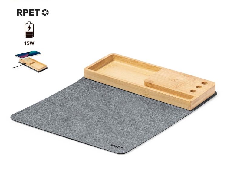 Mousepad RPET Αναδιπλούμενο με Ασύρματο Φορτιστή 15W Qi Βάση Κινητού και Θήκη Στυλό Μπαμπού