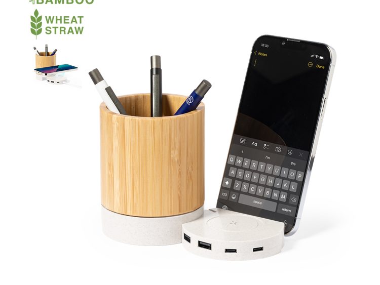 Μολυβοθήκη Bamboo/Άχυρου Σίτου/ABS 4 σε 1 με Ασύρματο Φορτιστή 5W Type C