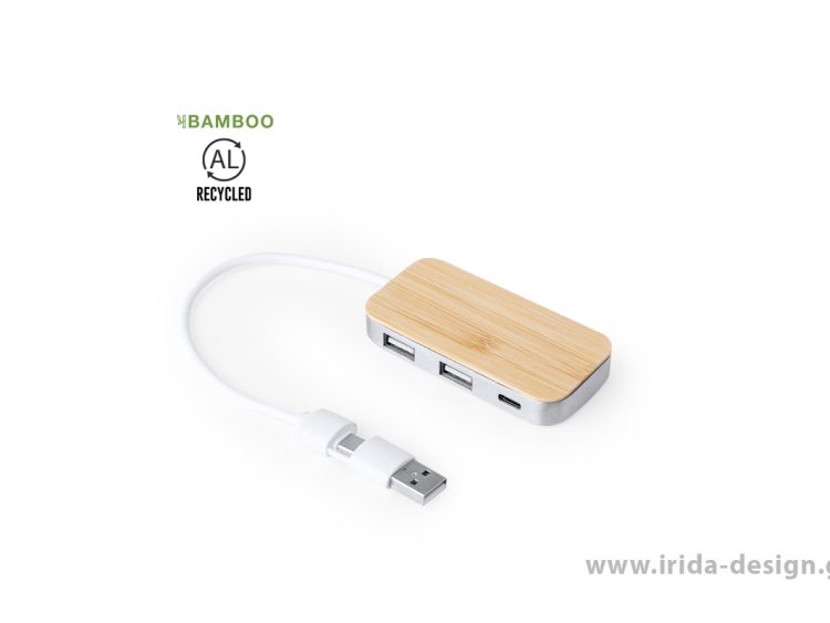 USB 2.0 Hub 3 Θέσεων Type-C από Ανακυκλωμένο Αλουμίνιο και Μπαμπού