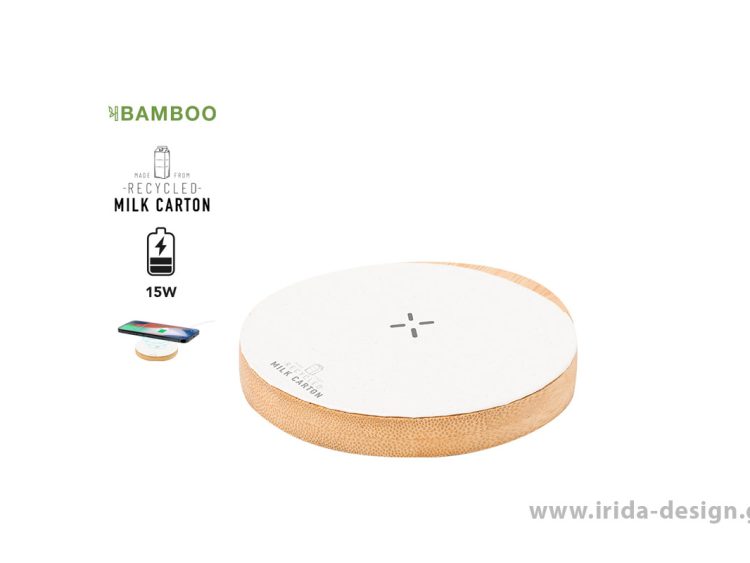 Ασύρματος Φορτιστής Στρογγυλός 15W USB-C από Μπαμπού και Ανακυκλωμένα Κουτιά Γάλακτος