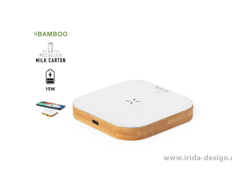 Ασύρματος Φορτιστής Τετράγωνος 15W USB-C από Μπαμπού και Ανακυκλωμένα Κουτιά Γάλακτος