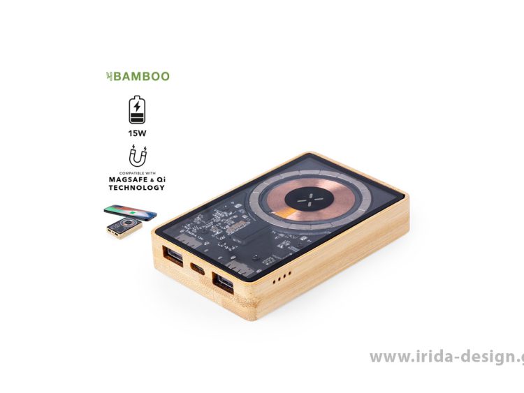 Μοντέρνο Powerbank 5000mAh Ασύρματος Φορτιστής 15W Qi Type-C/USB από Μπαμπού