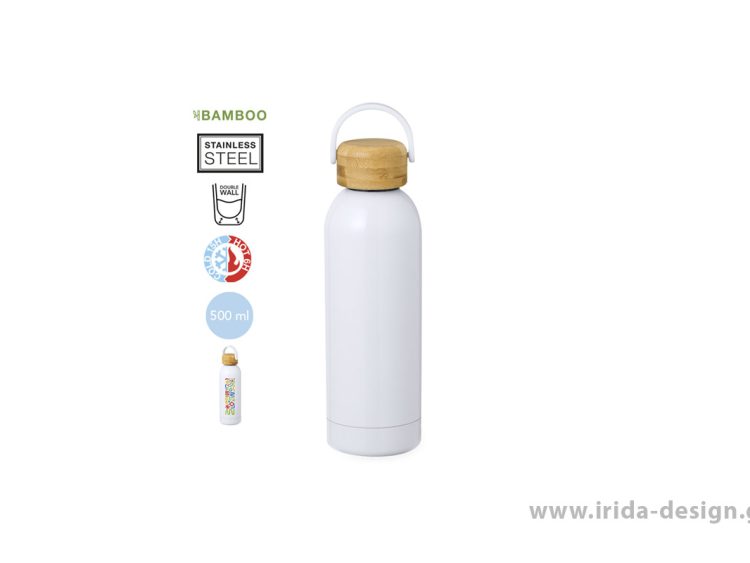 Μπουκάλι Θερμός Ανοξείδωτο 500 ml με Καπάκι Μπαμπού και Λαβή
