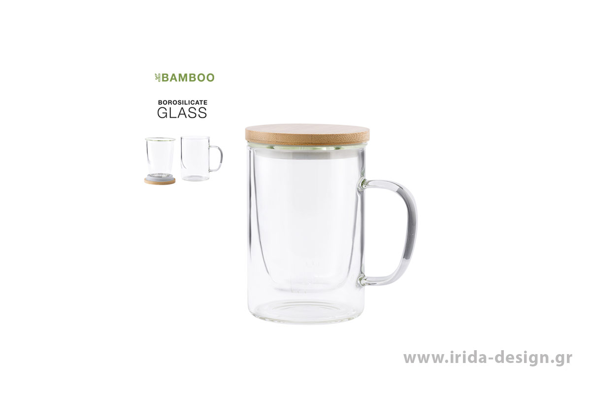 Γυάλινη Κούπα 450 ml Πυράντοχη με Σουρωτήρι και Καπάκι
