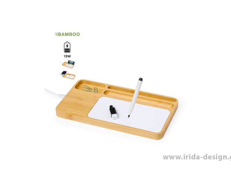 Ασύρματος Φορτιστής 15W Organizer Βάση Κινητού με Πίνακα Σημειώσεων και Μαρκαδόρο από Μπαμπού