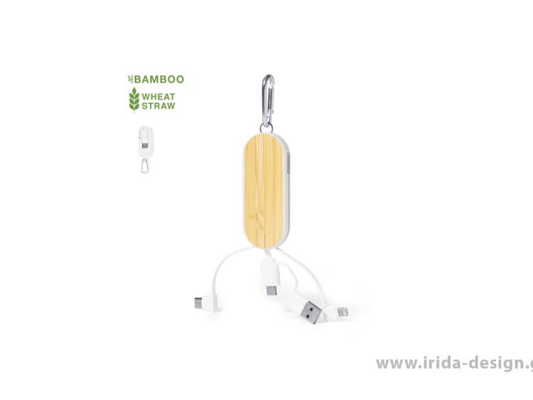 Καλώδιο Φόρτισης Type-C/Lightning/Micro USB από Άχυρο Σίτου και Μπαμπού με Γάντζο Καραμπίνερ