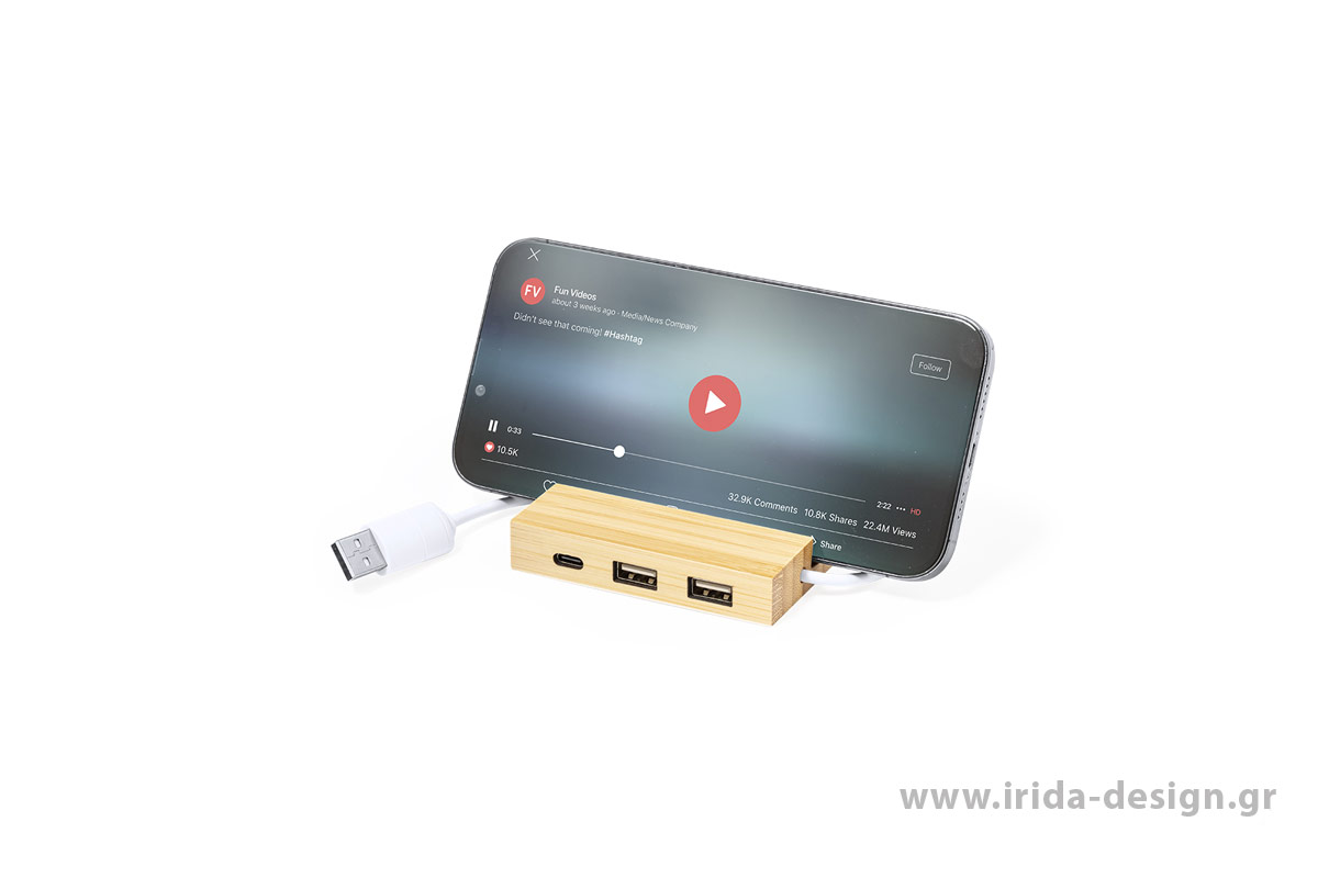 USB Hub 1 Type-C 2 USB 2.0 Βάση Κινητού από Μπαμπού