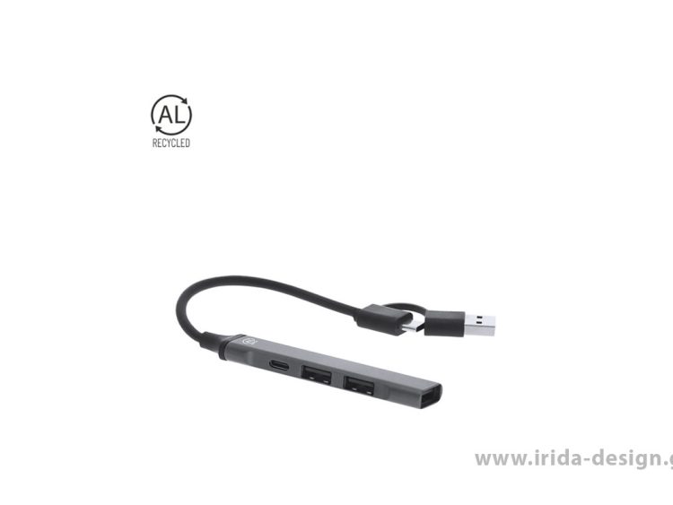 USB Hub 4 Θυρών από Ανακυκλωμένο Αλουμίνιο, 1 Type-C 2.0, 3 USB 2.0