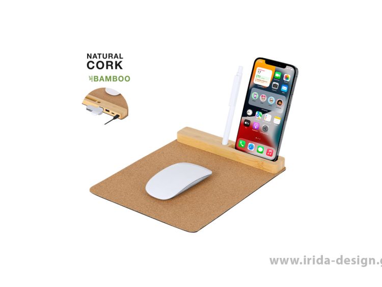 Πολυλειτουργικό Mousepad από Φελλό-Μπαμπού με USB Hub & Βάση Κινητού