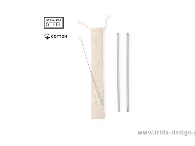 Σετ 2 Καλαμάκια Ανοξείδωτα και Βουρτσάκι σε Πουγκί