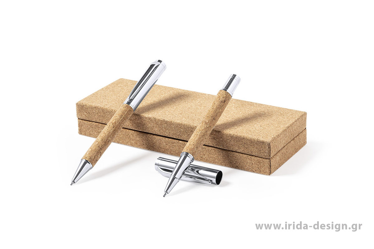 Οικολογικό Σετ Γραφής Στυλό Ball Pen και Roller με Μπλε Μελάνι και Gel από Φελλό