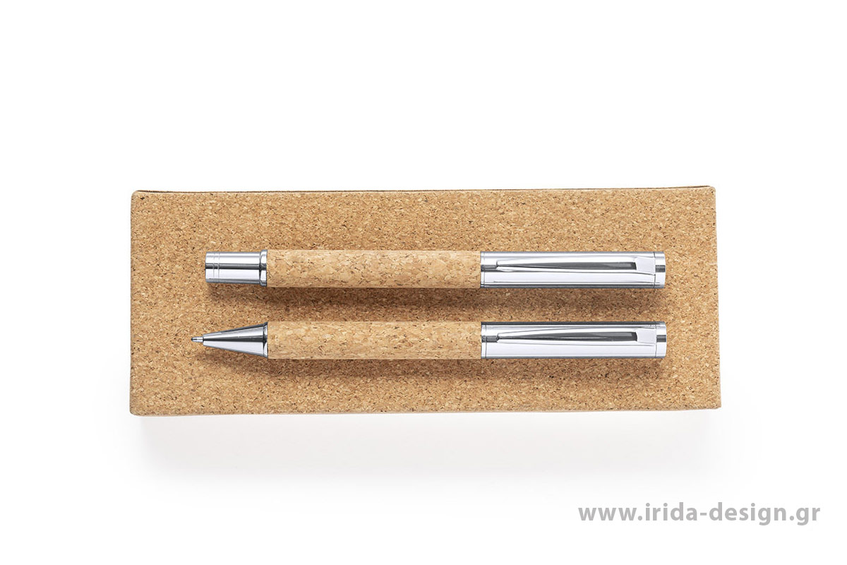 Οικολογικό Σετ Γραφής Στυλό Ball Pen και Roller με Μπλε Μελάνι και Gel από Φελλό